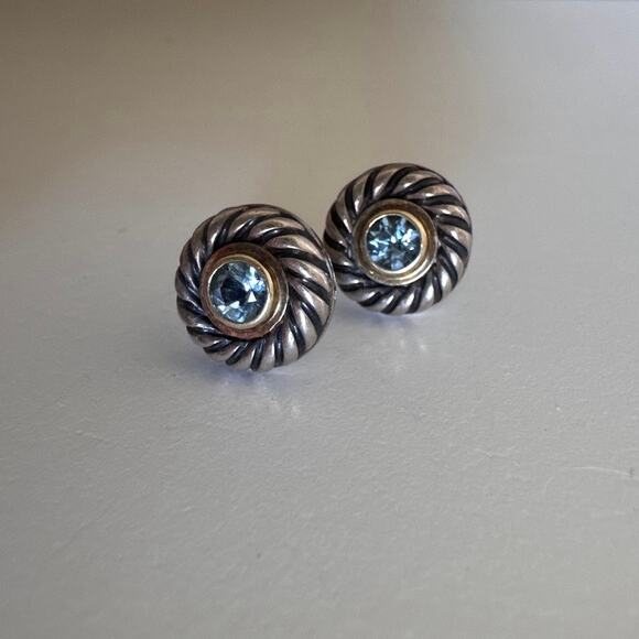 David Yurman Blue Topaz Cookie Stud Earrings 925 Sterling Silver Gold - Picture 2 of 5